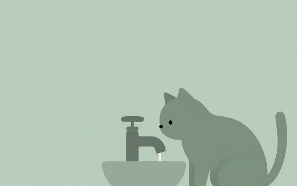Flat illustration: a cat obsessed with drinking from the tap