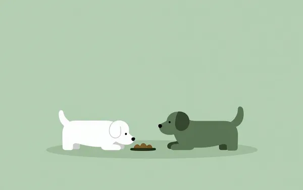 Flat illustration: a dog that guards its food and toys