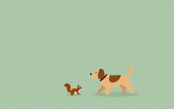 Flat illustration: a dog obsessed with squirrels on walks