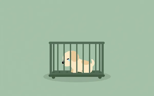 Flat illustration: a puppy that cries in the crate at night